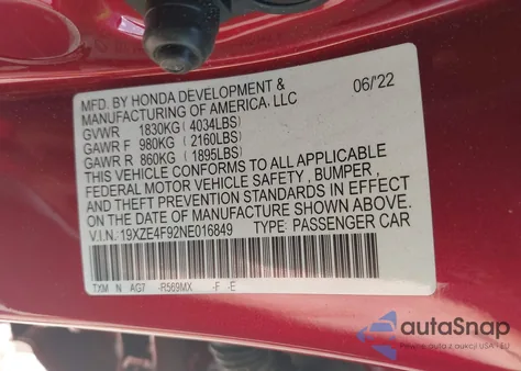 2022 Honda Insight Touring z USA, uszkodzony, nr VIN 19XZE4F92NE016849